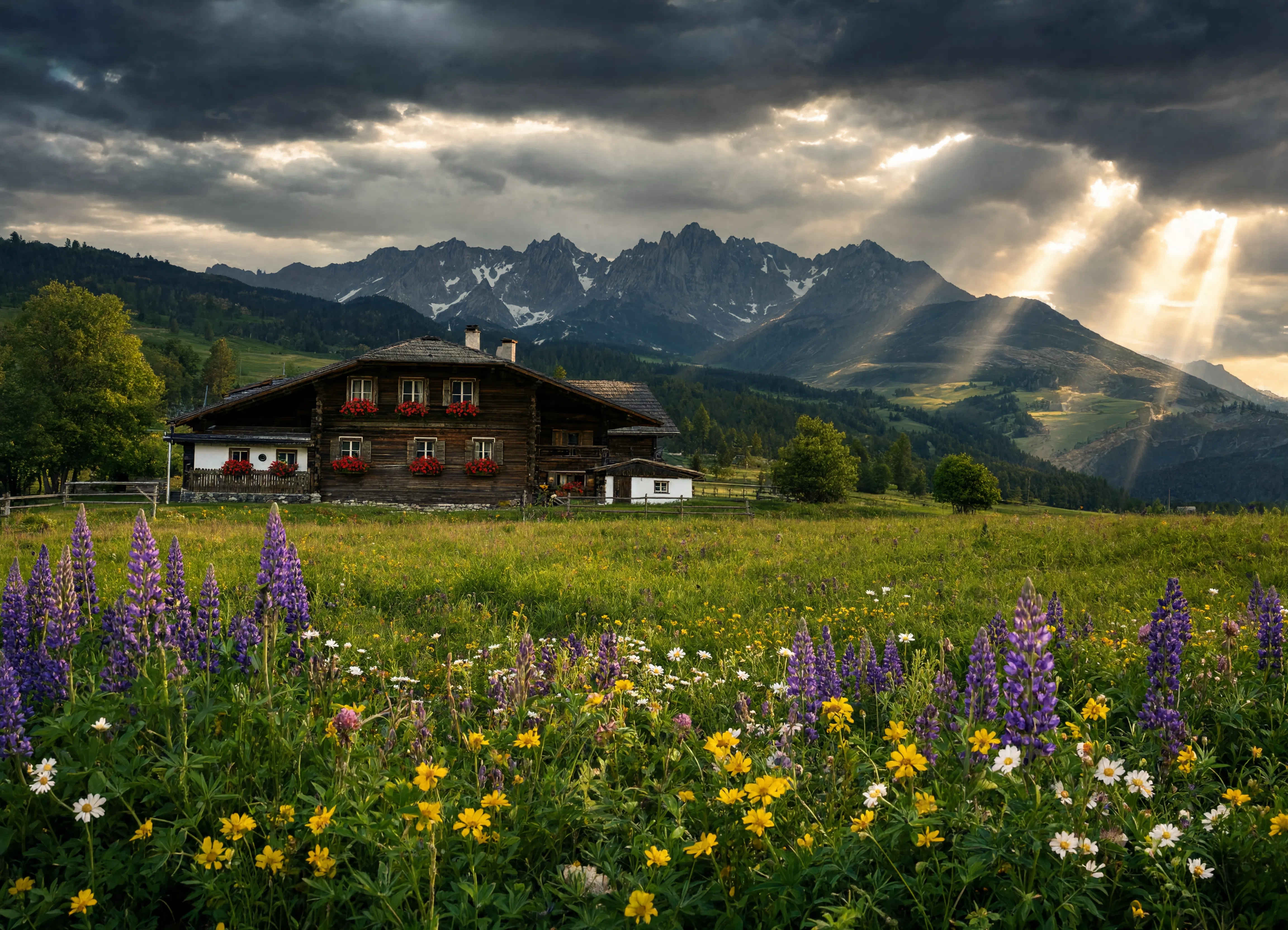 Blühende Alpenwiese mit traditionellem Bauernhaus und dramatischen Sturmwolken über den Gipfeln